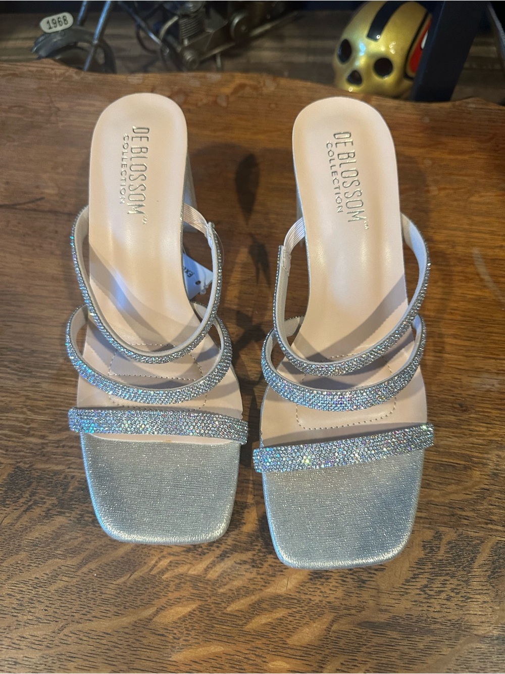 De Blossom Collection Silver Crystal Strappy Slide Heels